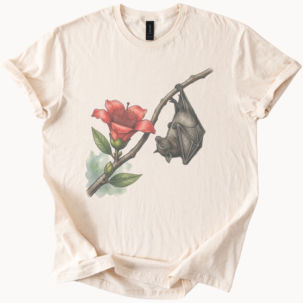Bat Hanging from a Branch Beside Red Bloom Tee